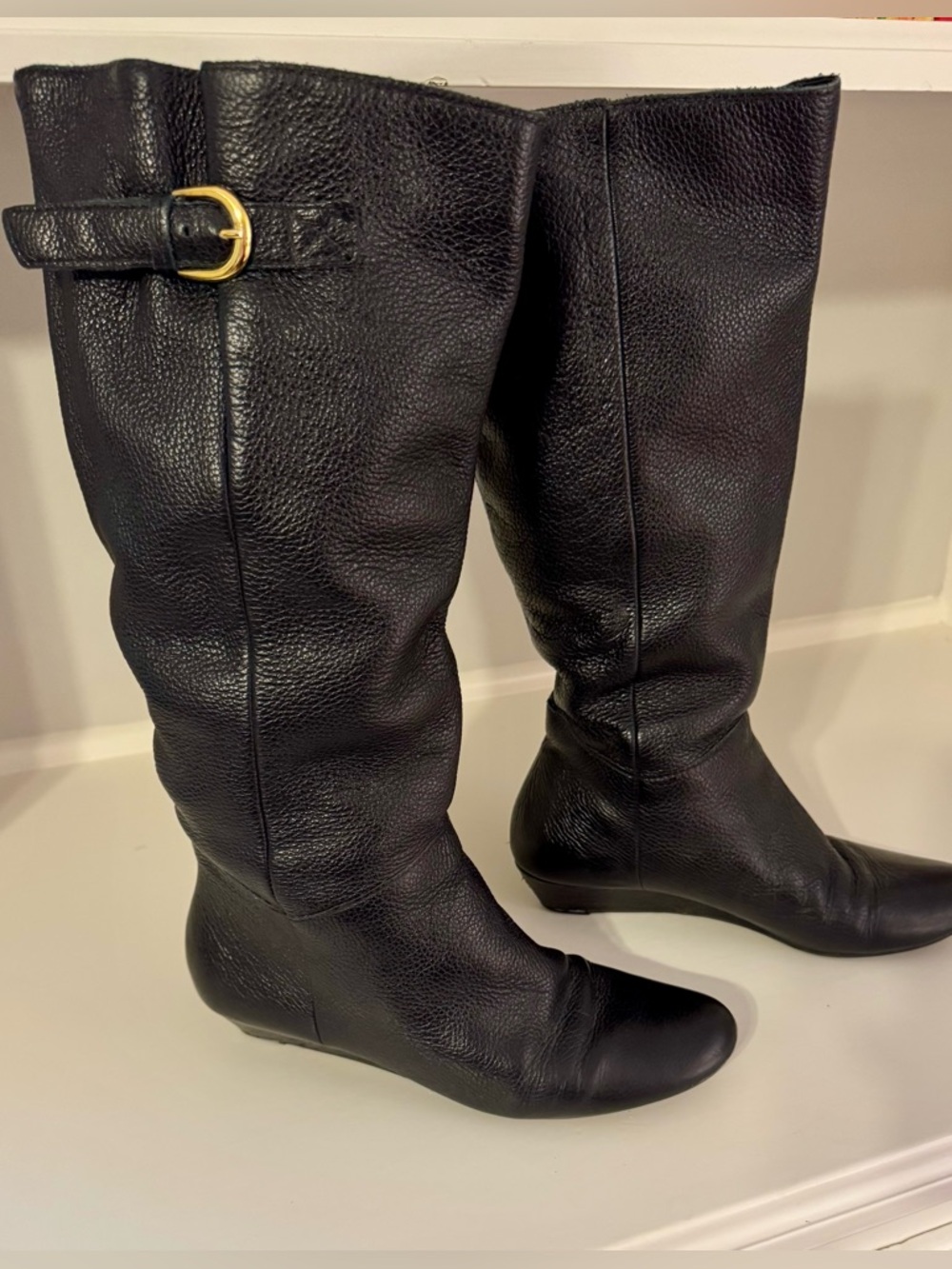 Black Leather Knee-High Women’s Boots with Buckle